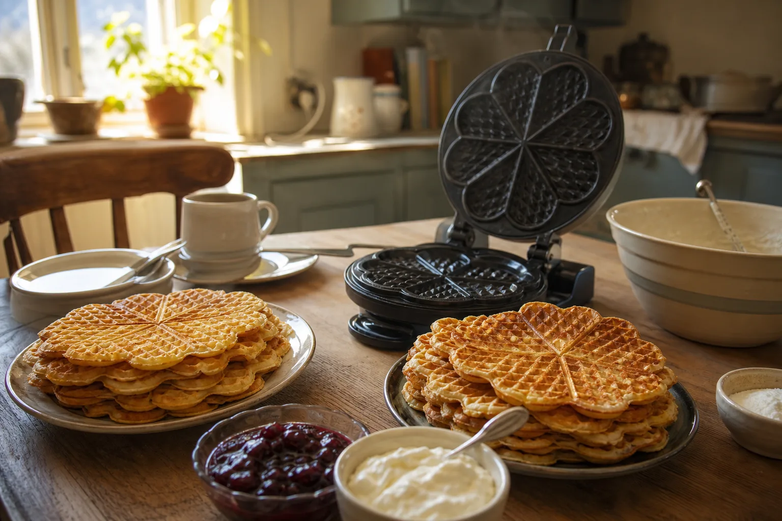 Hjärtvåfflor och belgiska våfflor serverade på ett dukat frukostbord