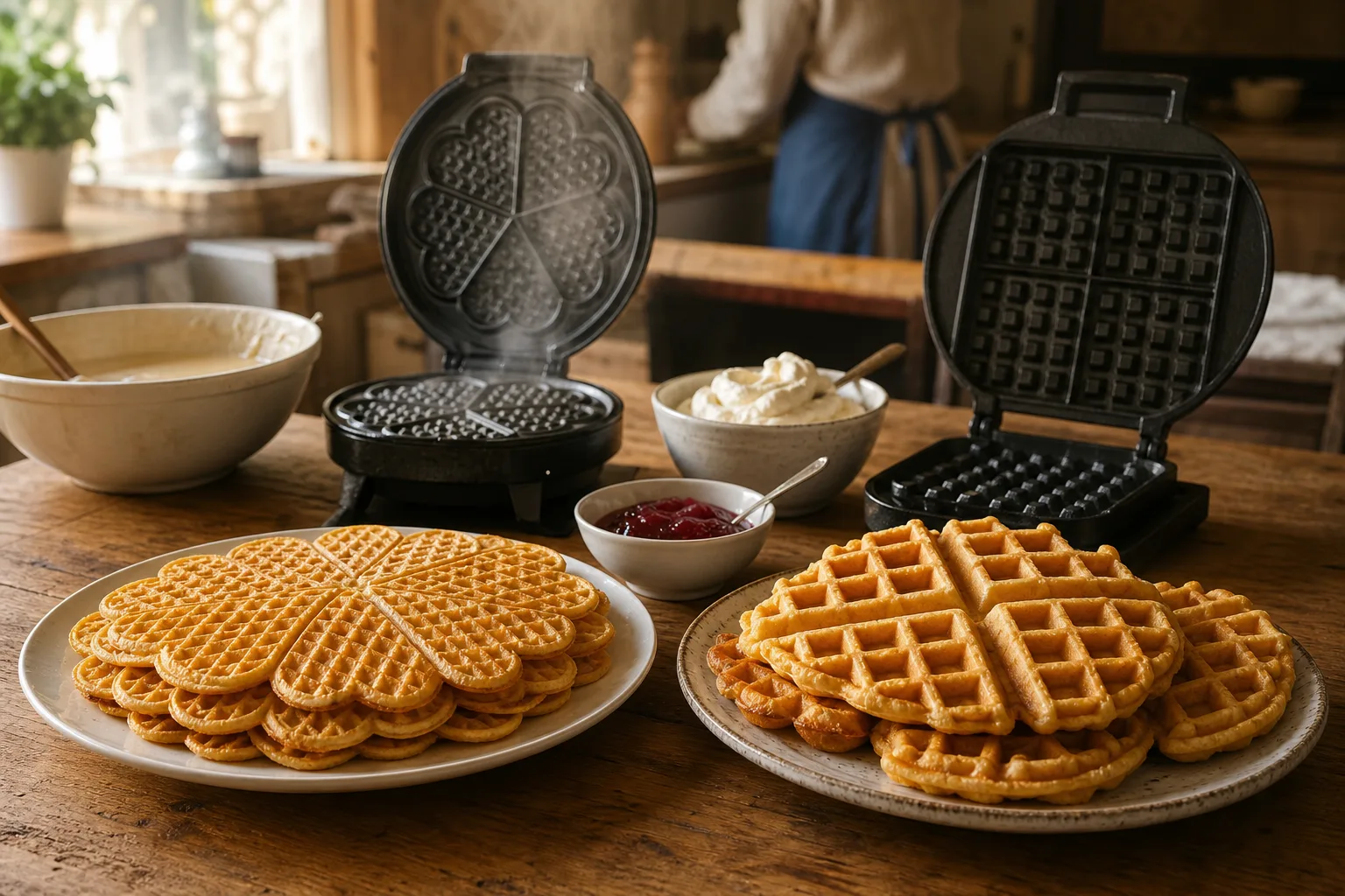 Tunna hjärtvåfflor bredvid tjocka belgiska våfflor på ett frukostbord