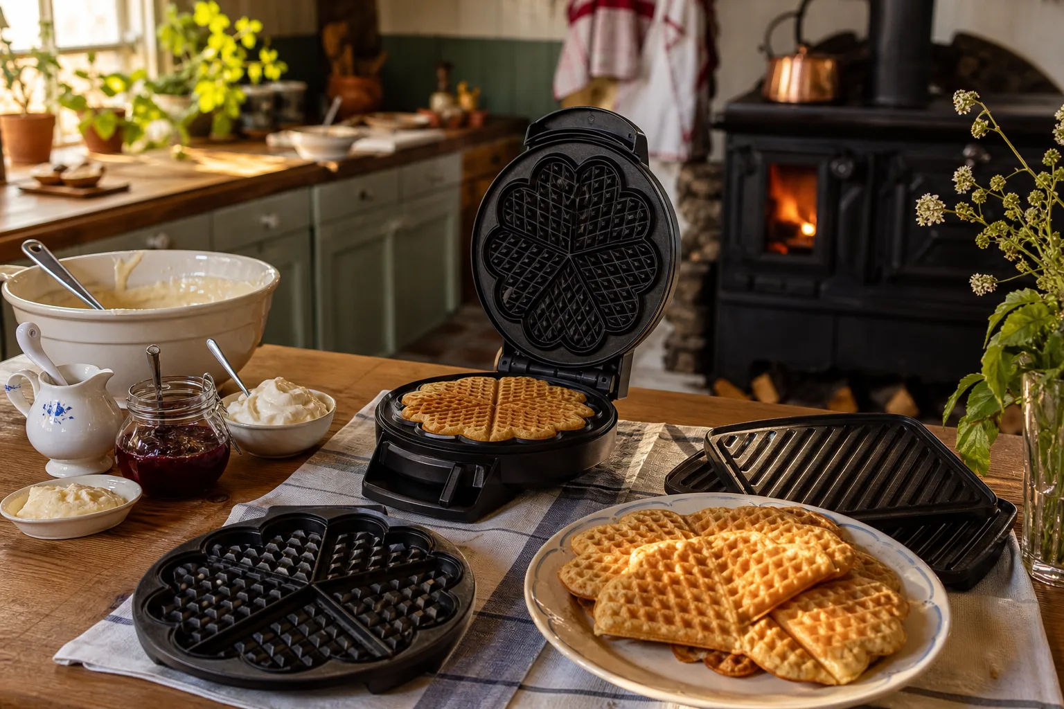 Multijärn med våffelplattor och toastplattor på liten köksbänk