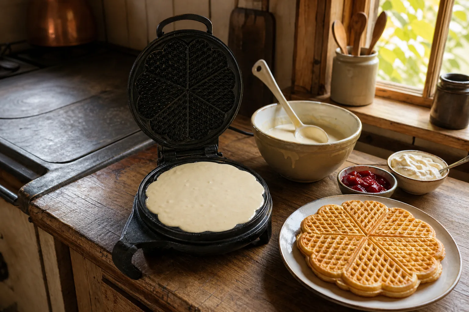 Jämnt fördelad smet i våffeljärn bredvid jämnt gräddad våffla