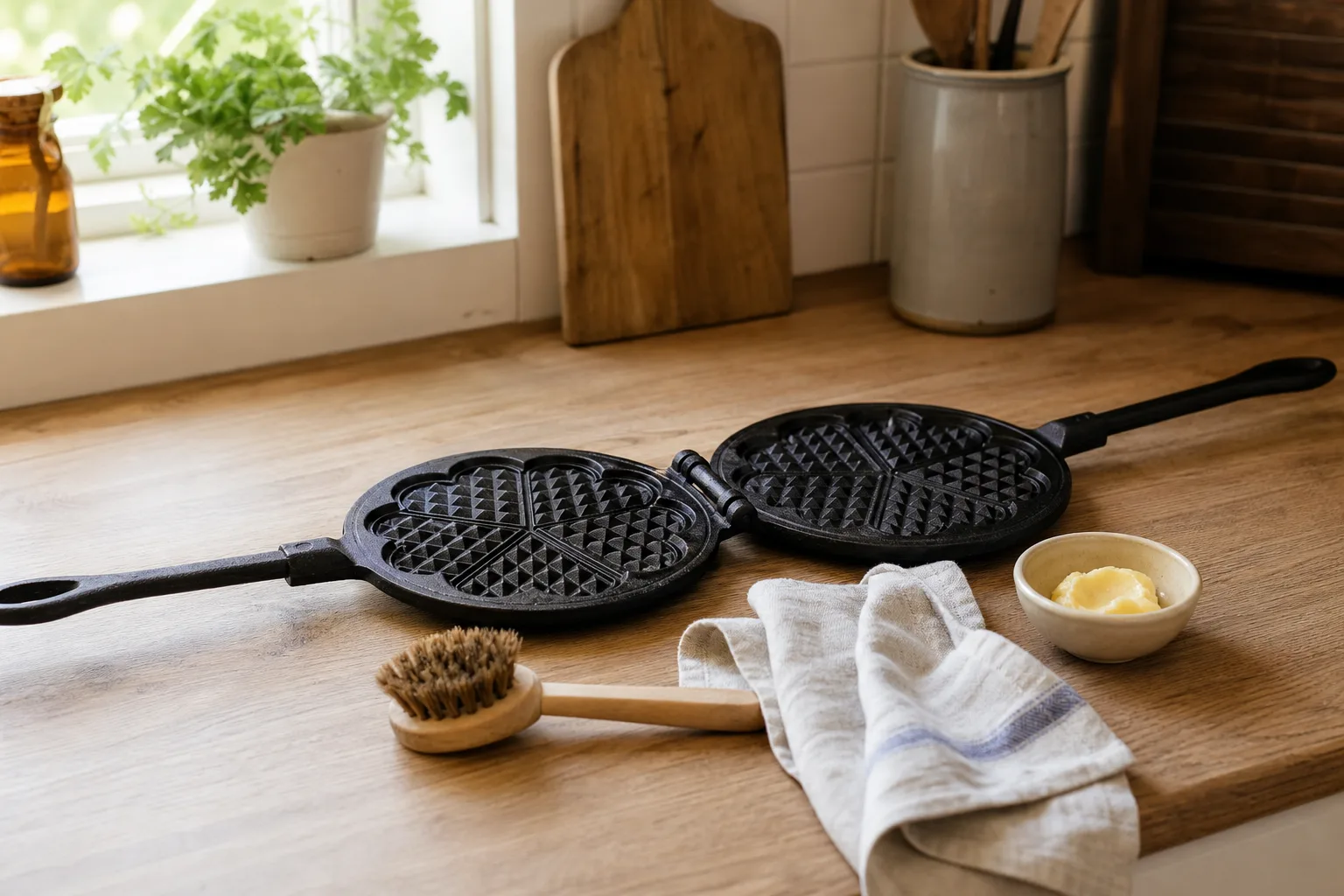 Avsvalnat gjutjärnsvåffeljärn med torr borste, trasa och matfett