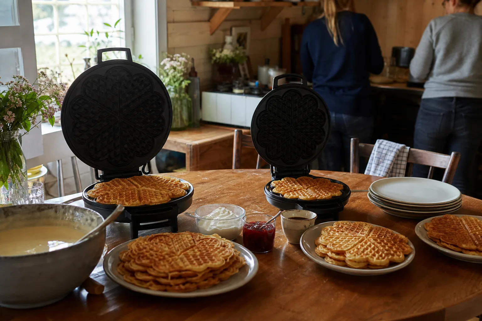 Två neutrala dubbeljärn vid brunchbord med olika stora våffelfat