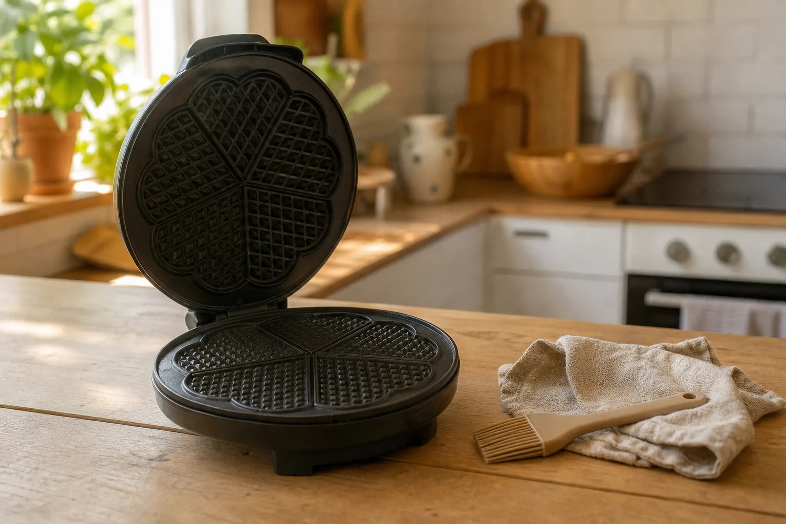 Avsvalnat våffeljärn med hela plattor, mjuk trasa och silikonpensel