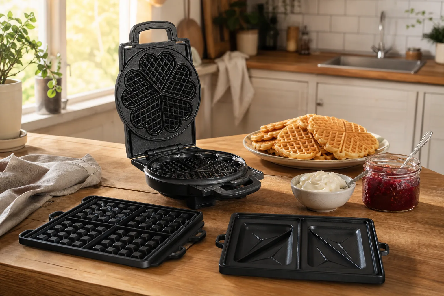 Järn med utbytbara våffelplattor och toastplattor på köksbänk
