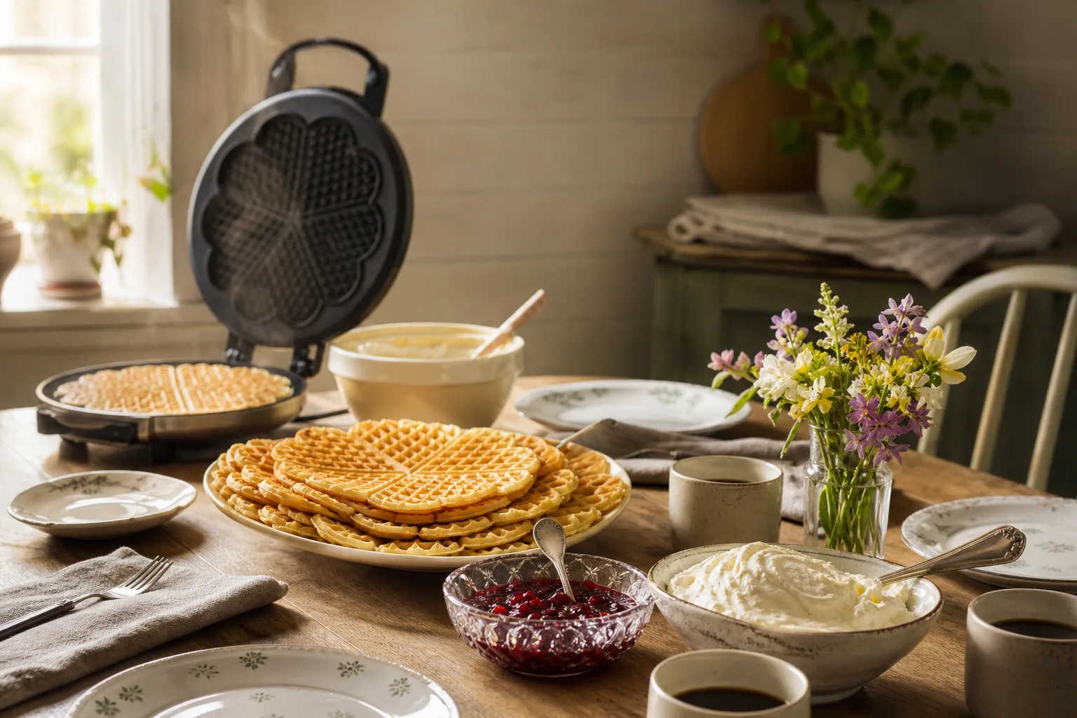 Frasiga hjärtvåfflor med sylt och grädde vid ett vårdukat bord