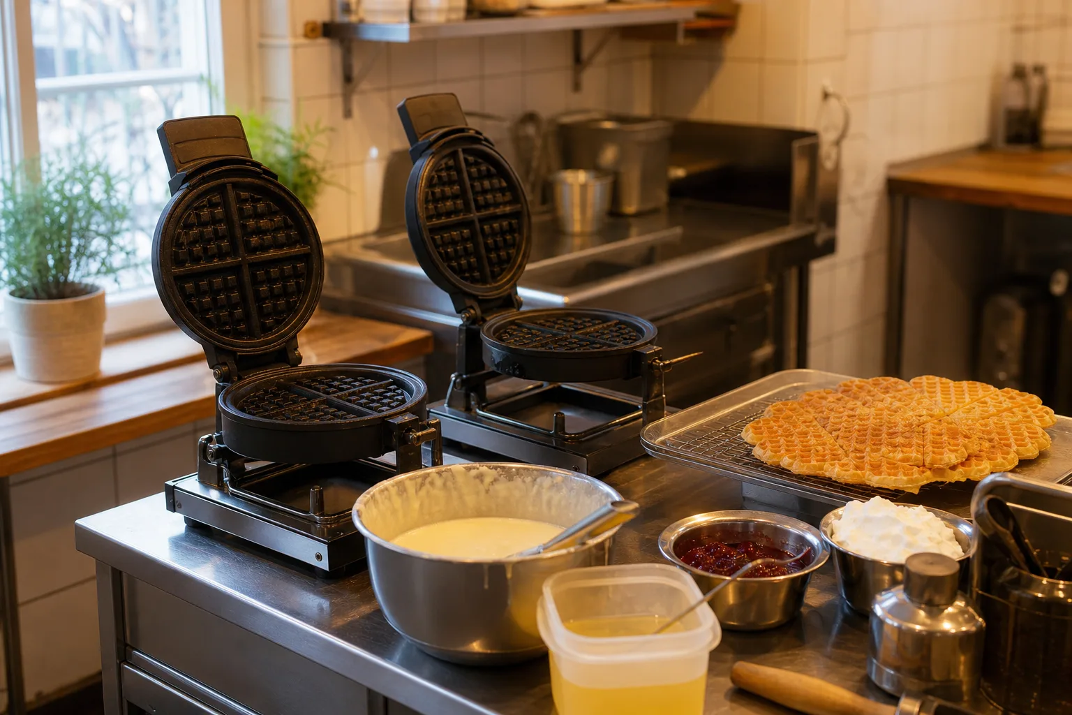 Våffelstation i café med järn, smetskål, galler och färdig servering
