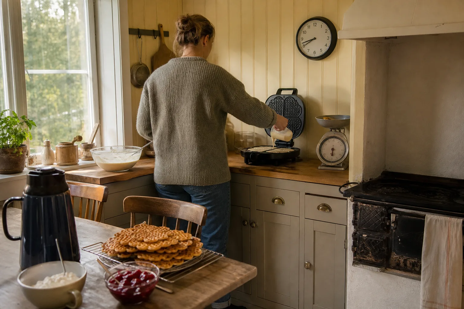 Våffeljärn, portionsslev, måttband och antecknade beräkningar på en köksbänk