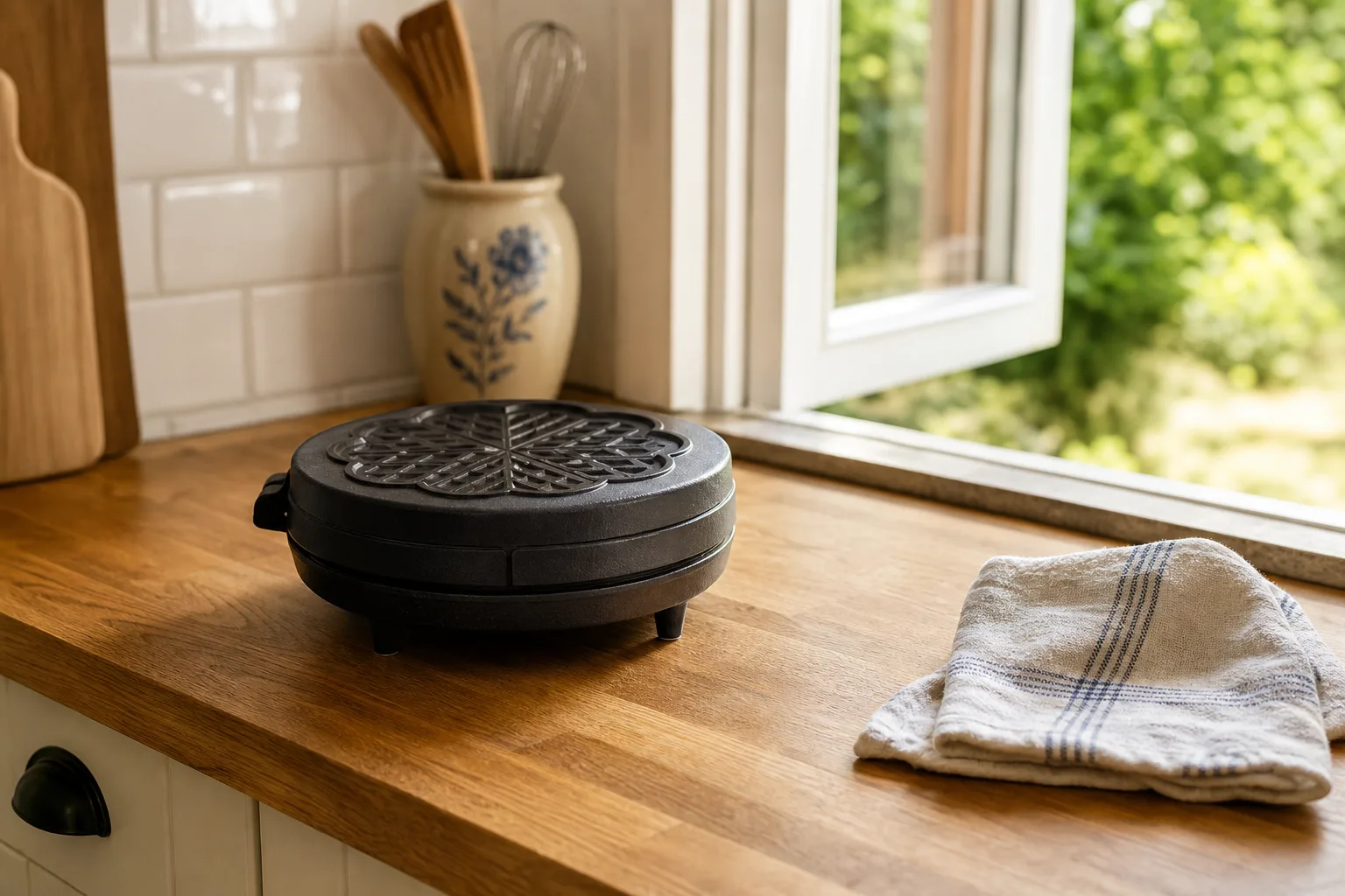 Avstängt avsvalnat våffeljärn på fri köksbänk vid öppet fönster