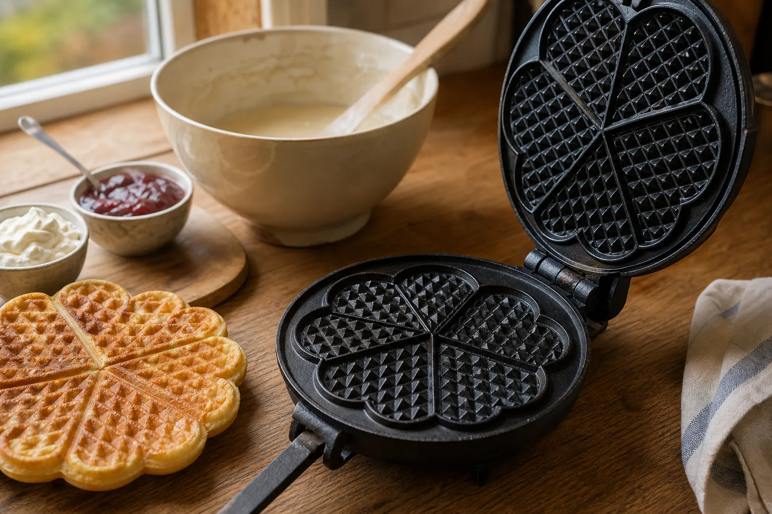 Öppet våffeljärn med hjärtformade plattor och markerade delar på en köksbänk