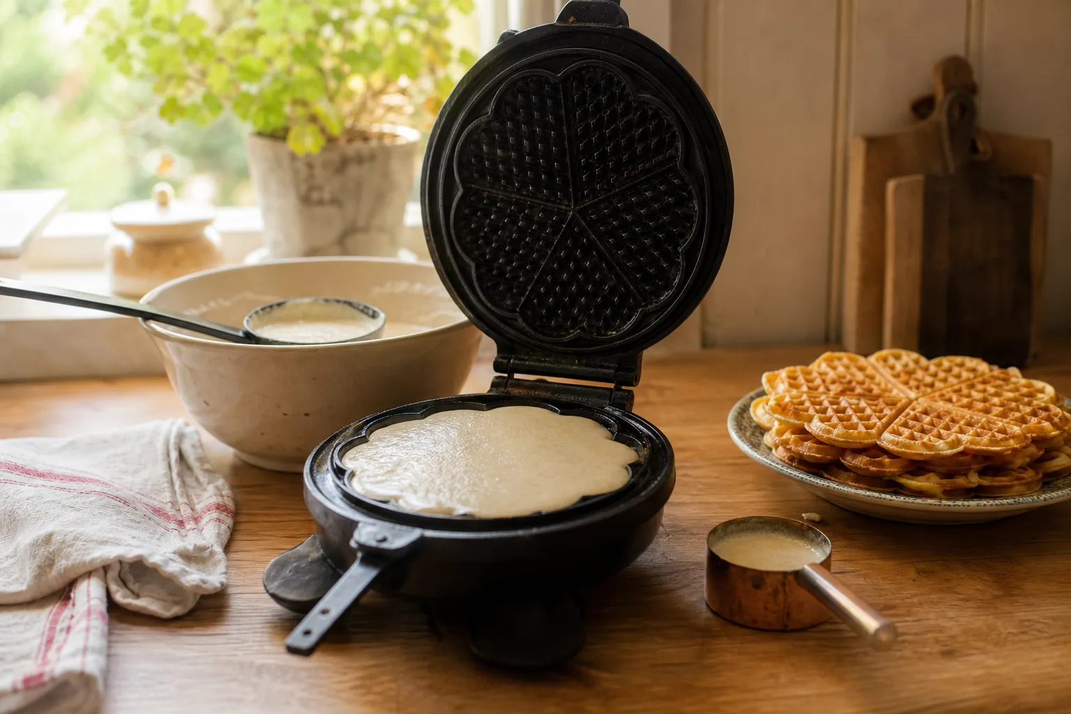 Öppet våffeljärn med liten smetskopa och ren kantränna
