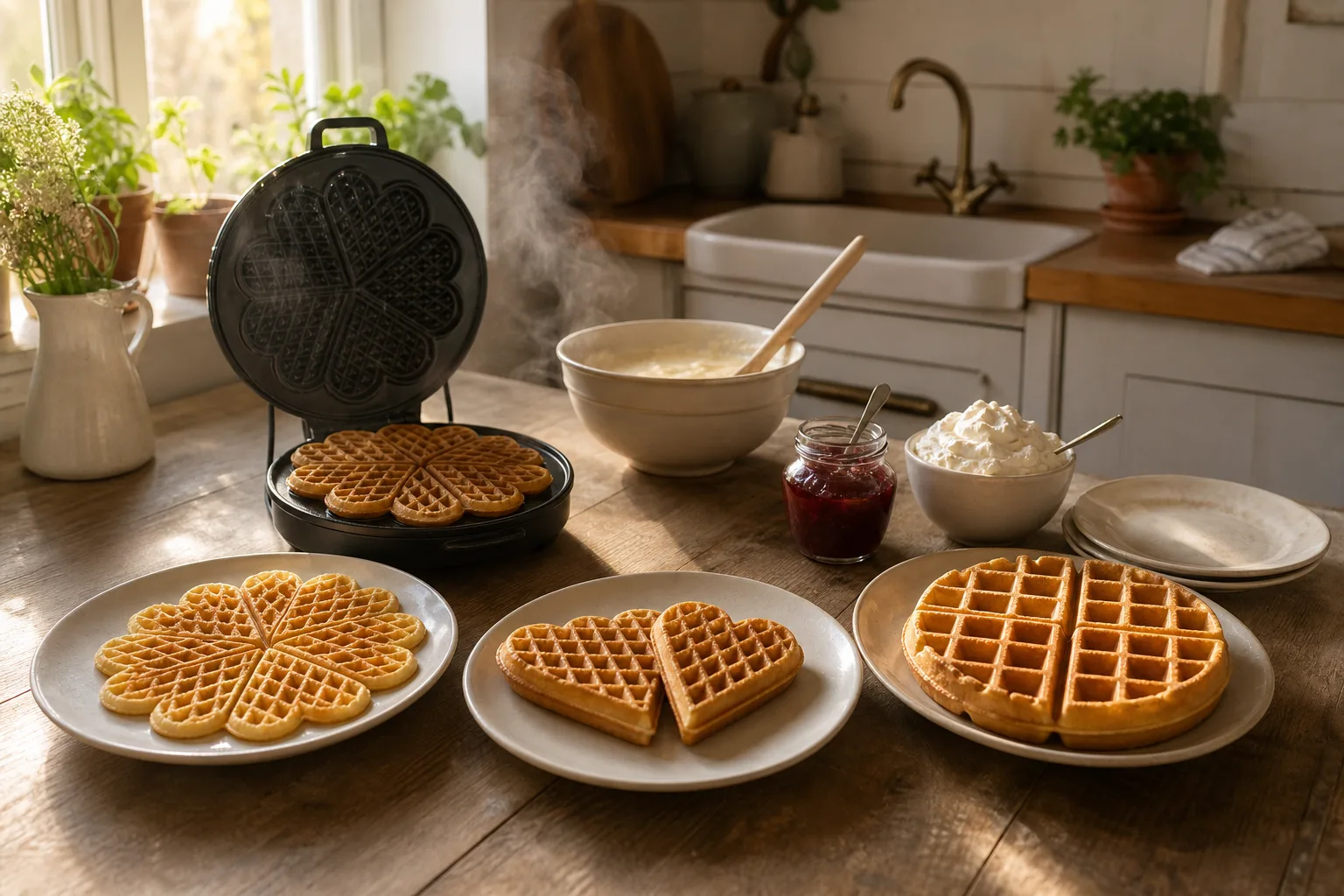 Ett klassiskt hjärtjärn, ett belgiskt våffeljärn och ett gjutjärn placerade vid sina olika serveringssituationer