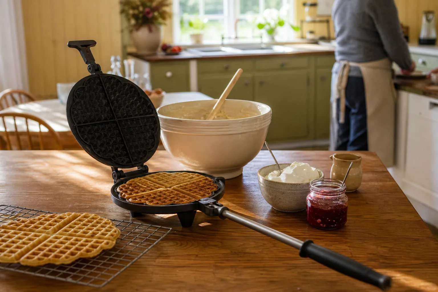 Vändbart våffeljärn med tjock smet och jämnt gyllenbrun våffla